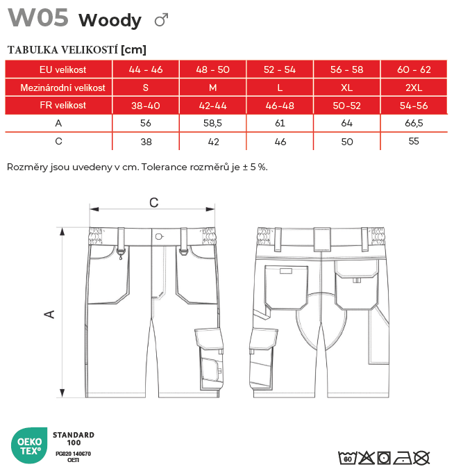 W05 Woody pracovní šortky pánské Tabulka velikostí